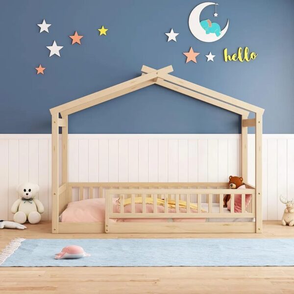 Montessori floor bed with fence (Natural color )
