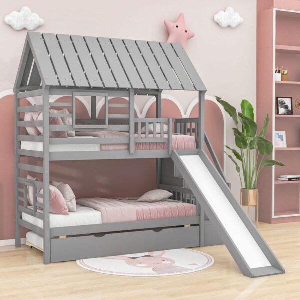 Twin over one house shape bunkr bed with slide and storage stairs